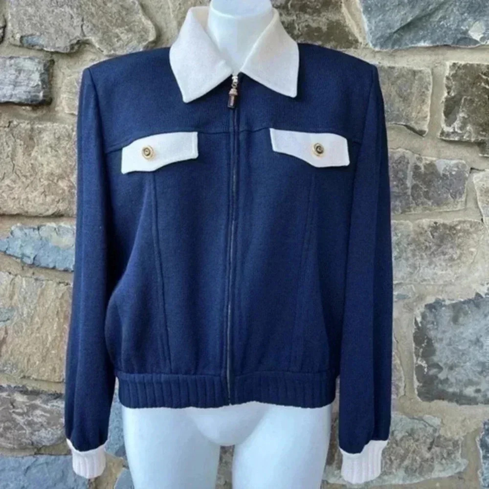 St. John Navy Marie Gray Ivory Zipper Knitted Sweater Cardigan size M
